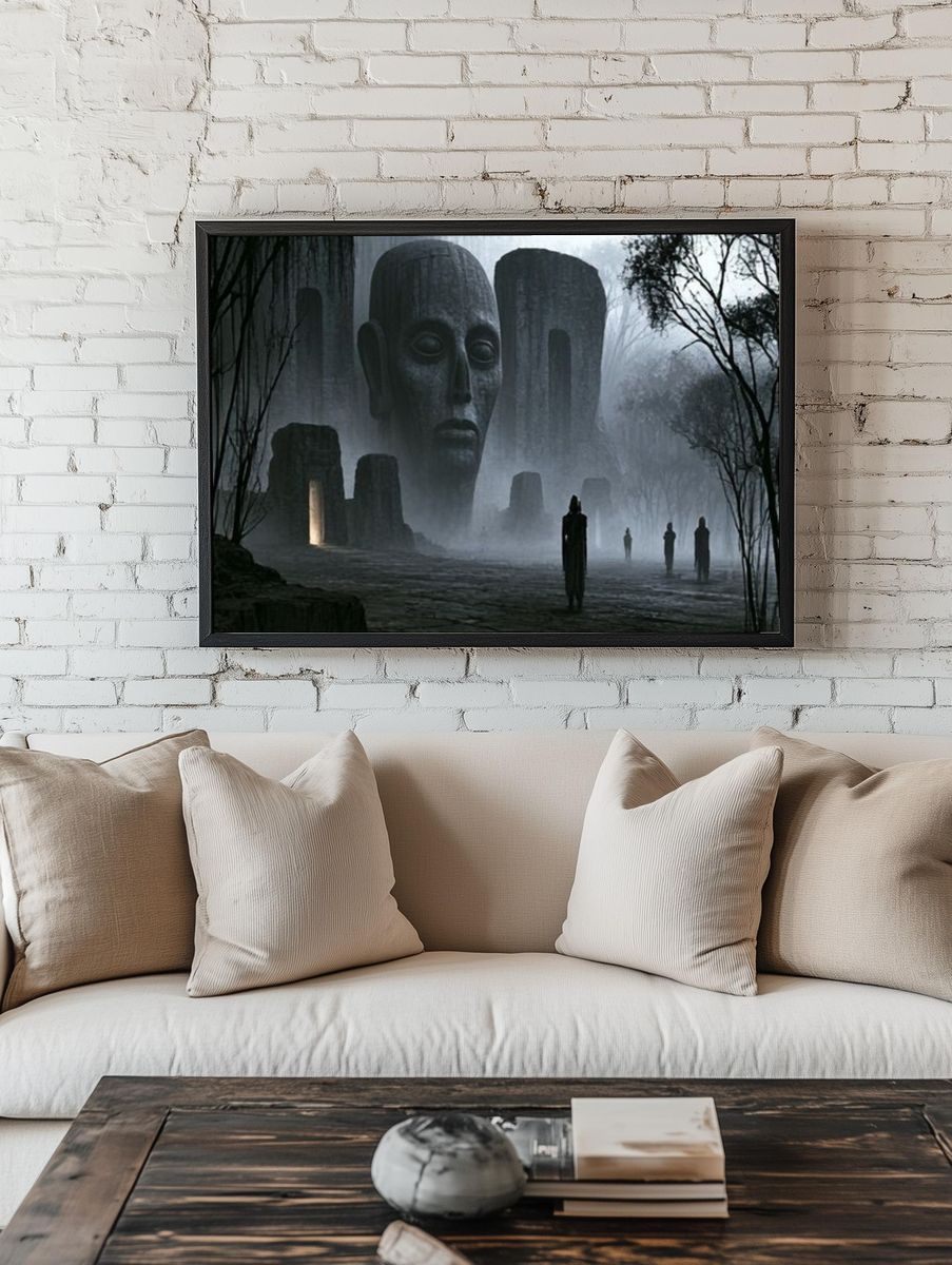 Misty Monolith Faces Surrealism Poster. room preview