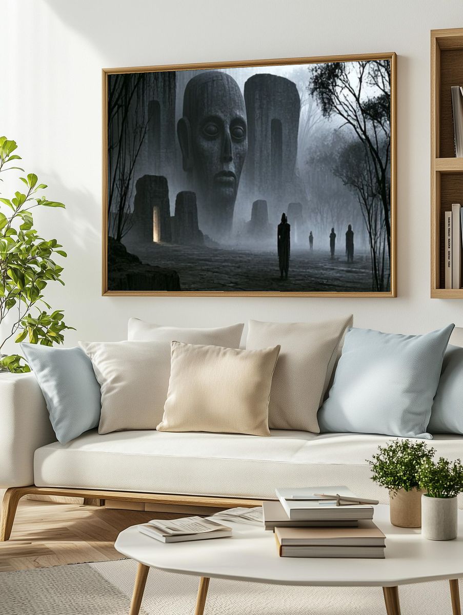 Misty Monolith Faces Surrealism Poster. — room view 2