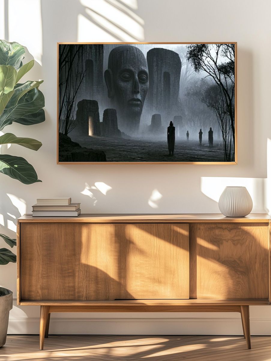 Misty Monolith Faces Surrealism Poster. — room view 3