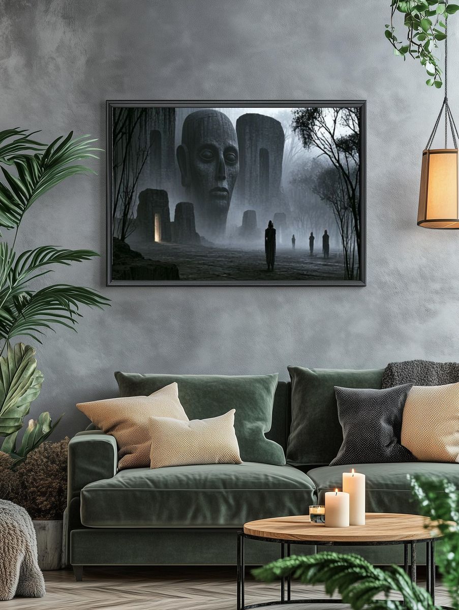 Misty Monolith Faces Surrealism Poster. — room view 4