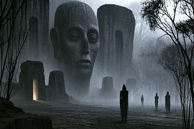 Misty Monolith Faces Surrealism Poster.