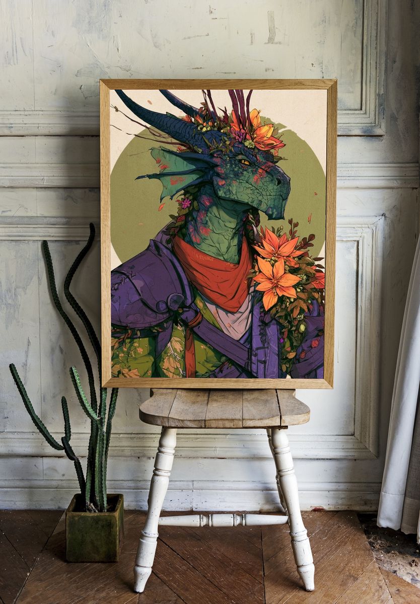 Floral Dragon Portrait Print. room preview
