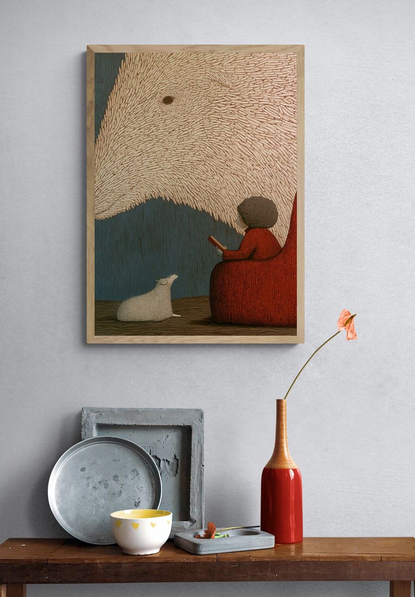 Girl and Sheep Surreal Illustration Poster. — room view 3