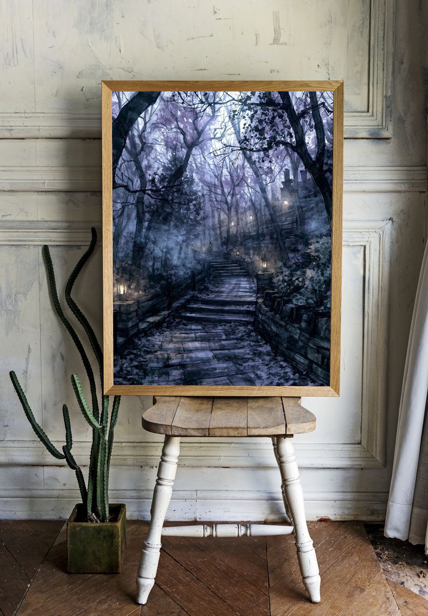 Moonlit Forest Path Illustration Poster. — room view 1