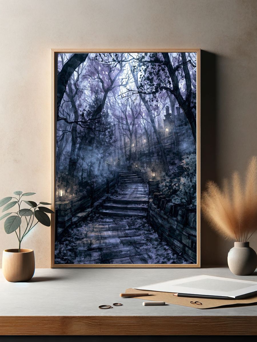 Moonlit Forest Path Illustration Poster. — room view 2