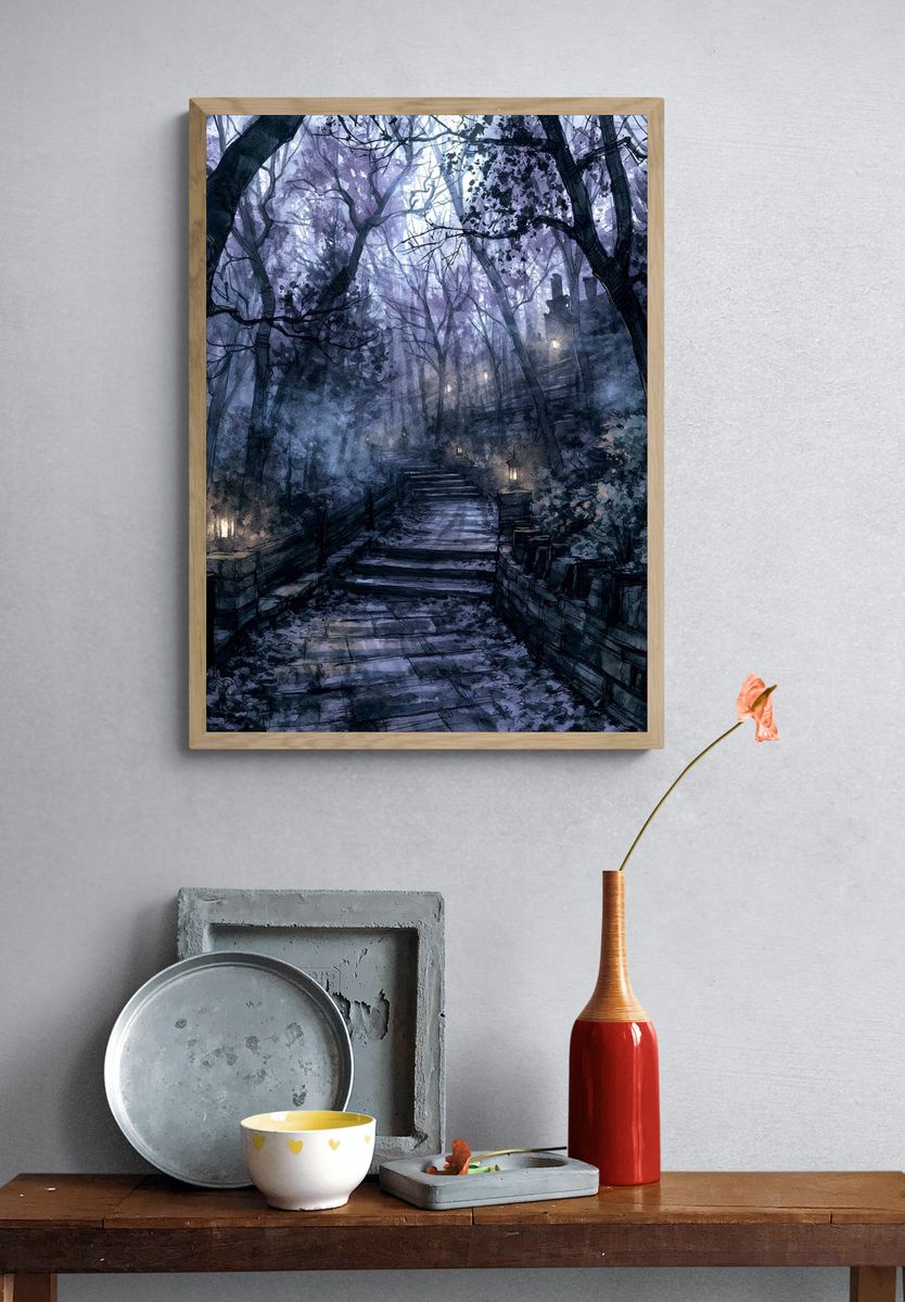 Moonlit Forest Path Illustration Poster. — room view 3