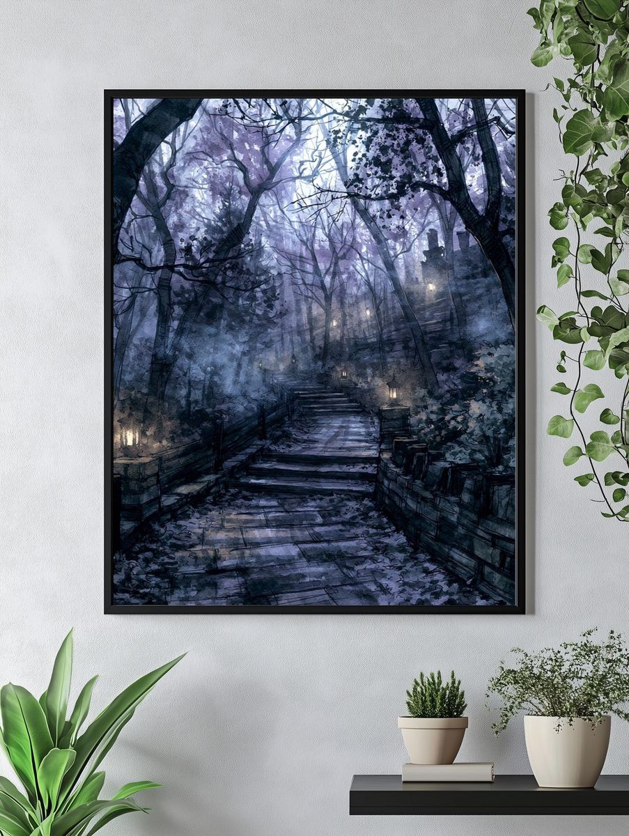 Moonlit Forest Path Illustration Poster. — room view 4