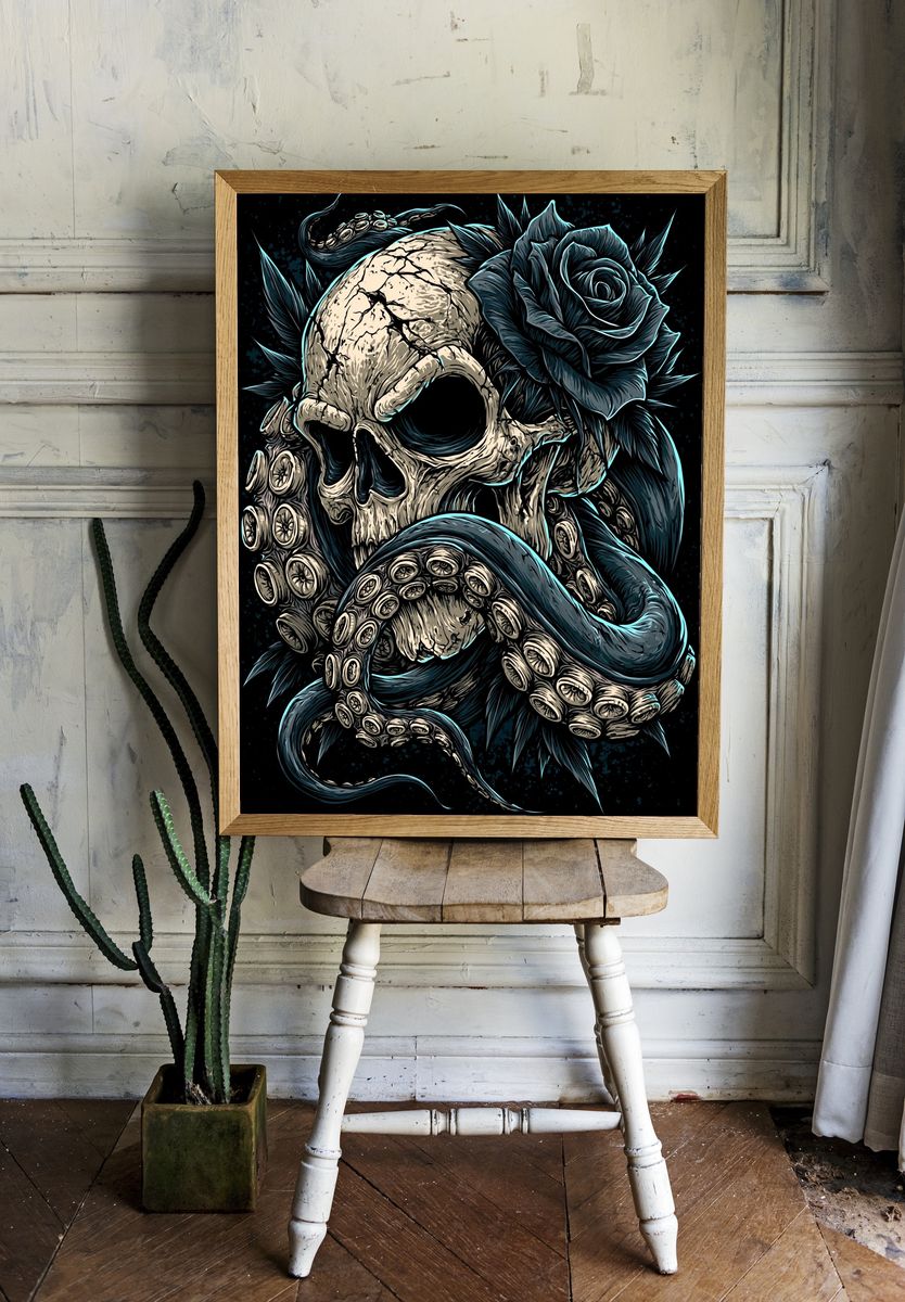 Skull and Black Rose Illustration Poster. room preview