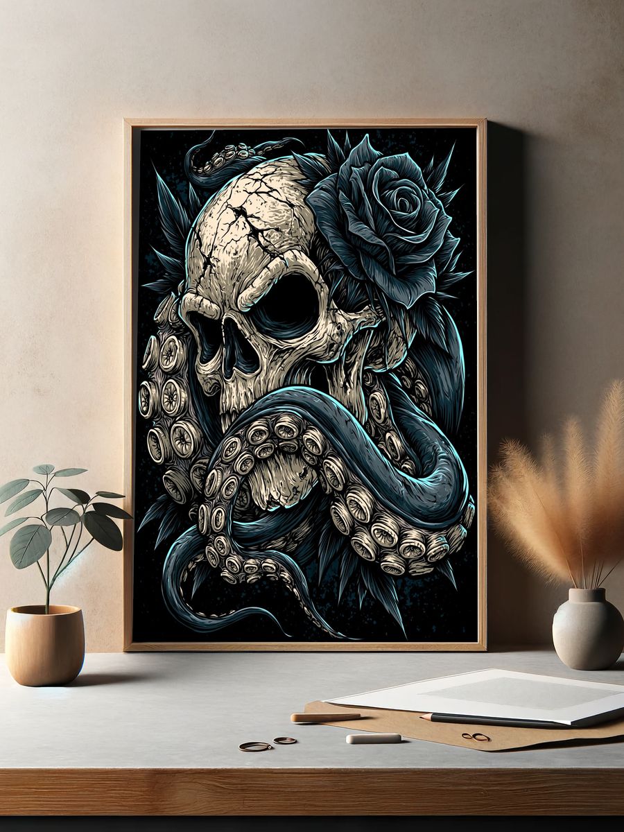 Skull and Black Rose Illustration Poster. — room view 2