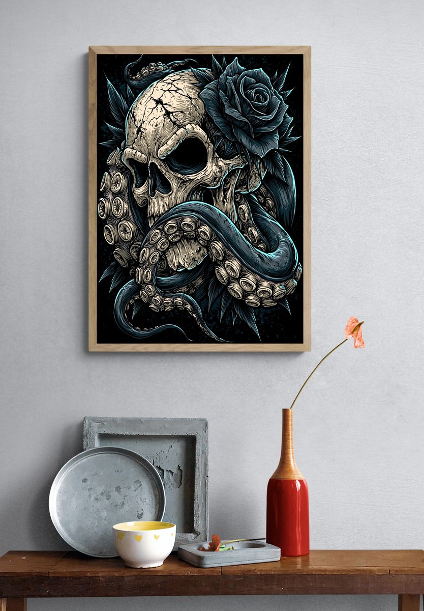 Skull and Black Rose Illustration Poster. — room view 3