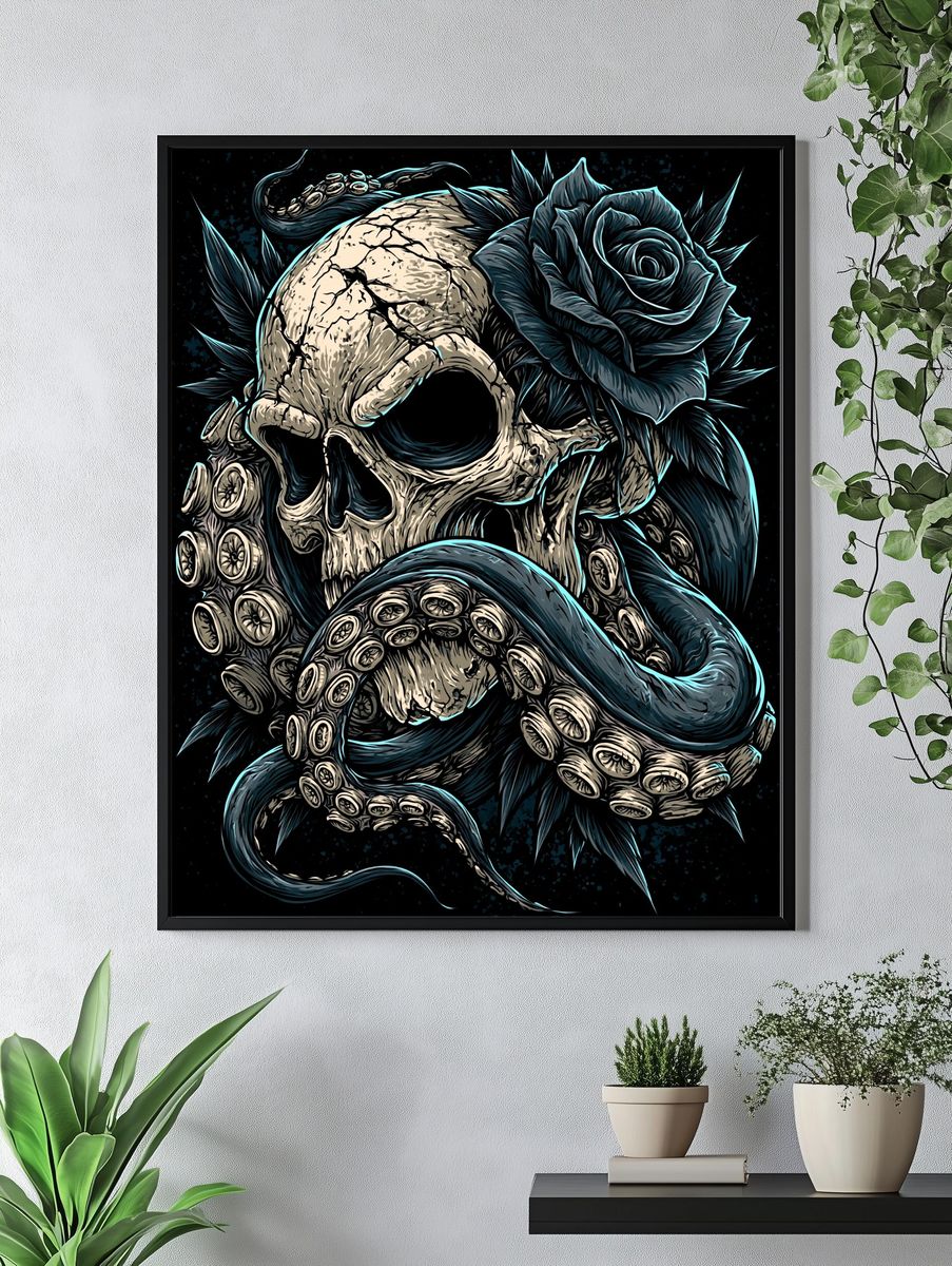 Skull and Black Rose Illustration Poster. — room view 4