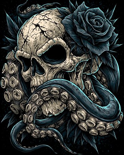 Skull and Black Rose Illustration Poster.