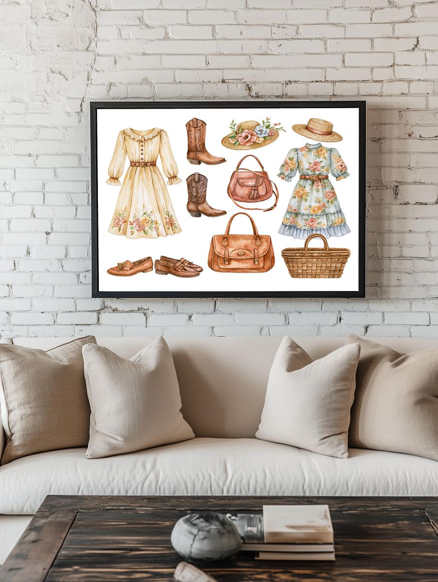 Vintage Cottagecore Fashion Watercolor Print. — room view 1