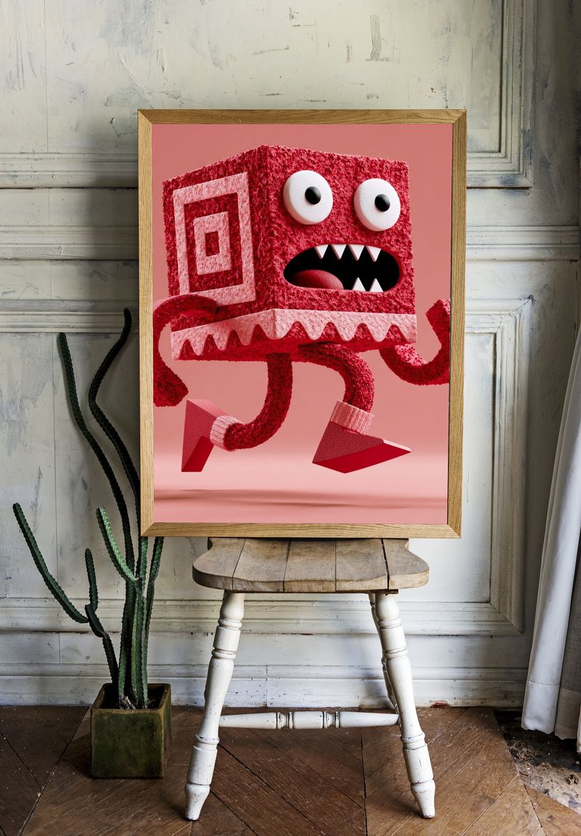 Playful Red Monster Illustration Poster. — room view 1