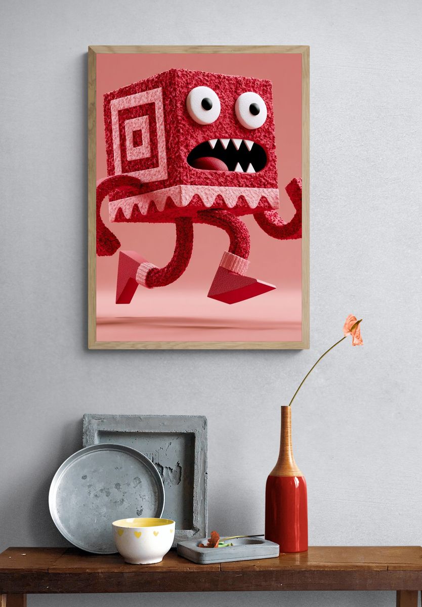 Playful Red Monster Illustration Poster. — room view 3