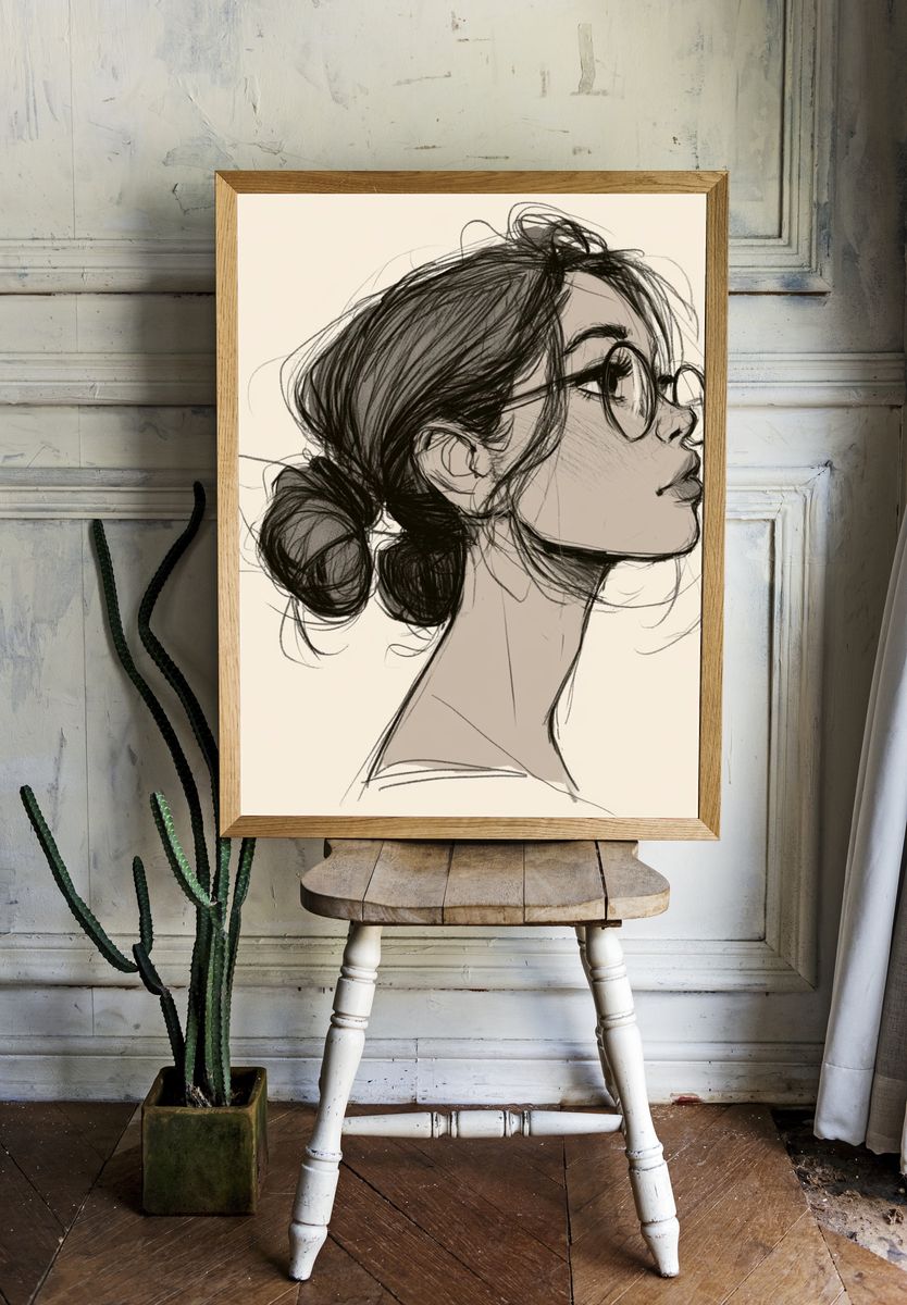 Woman Profile Sketch Print. room preview