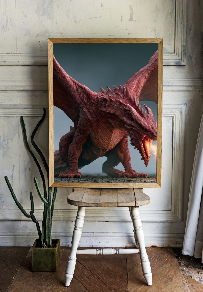 Fire-Breathing Dragon Illustration Poster. — room view 1