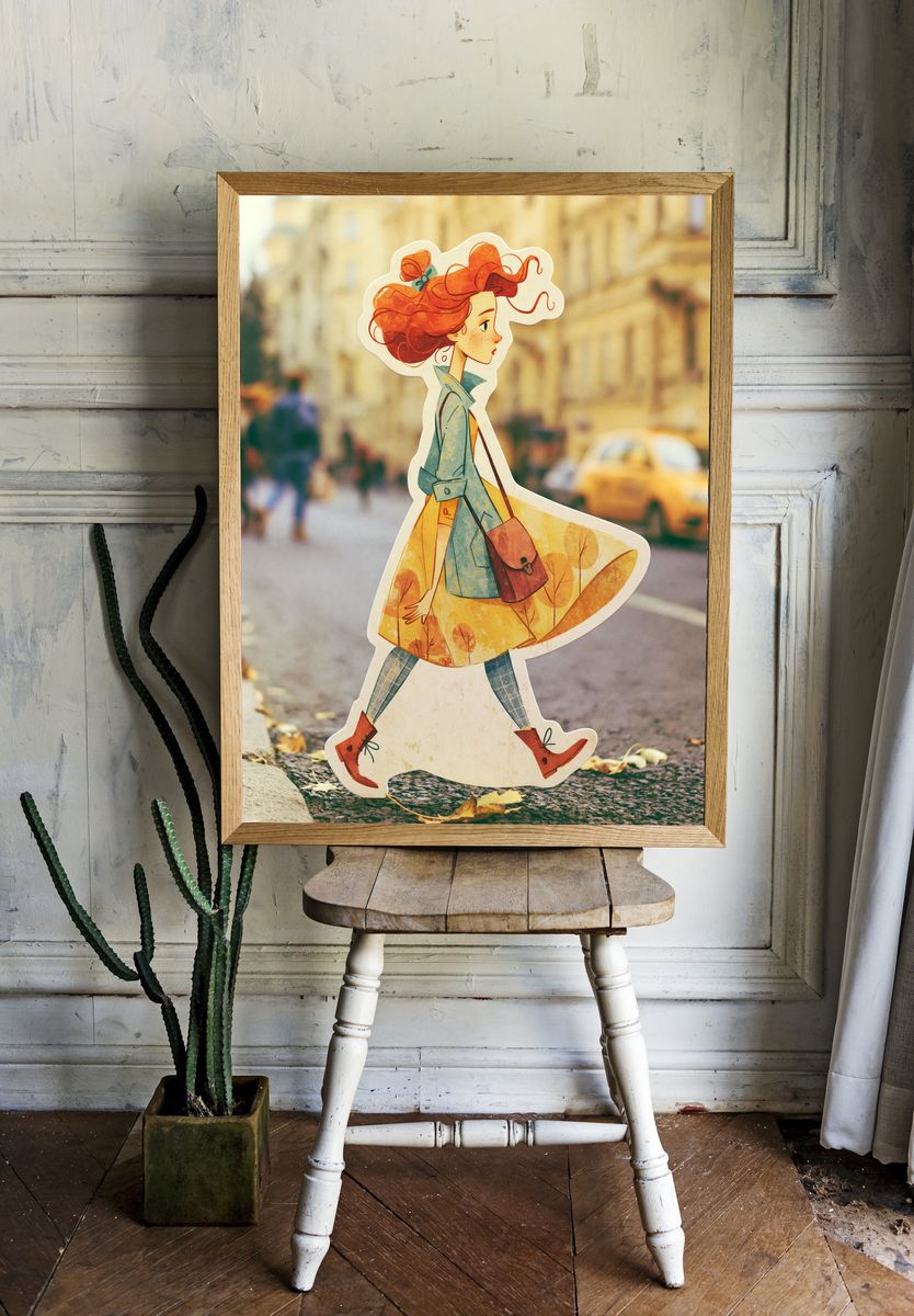 Autumn Girl Walk Illustration Poster. room preview
