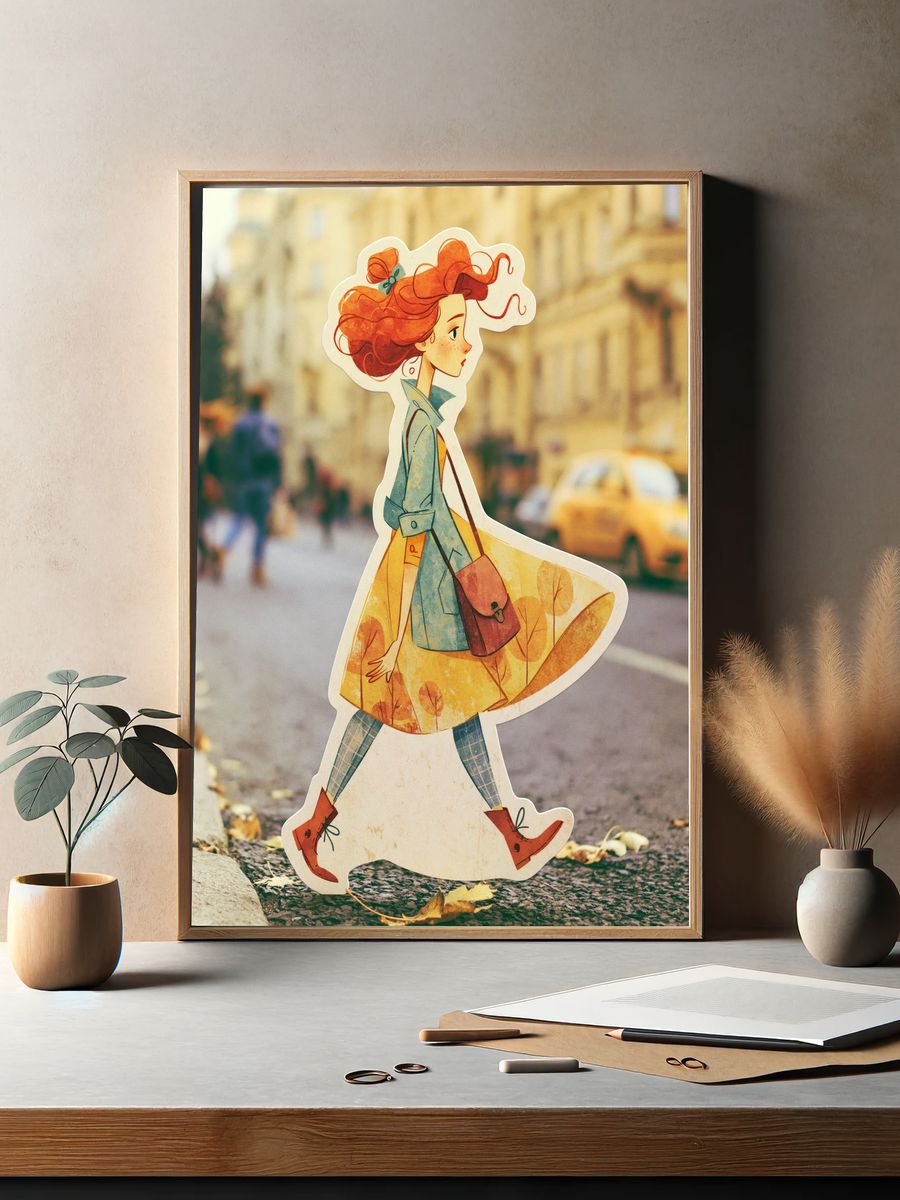 Autumn Girl Walk Illustration Poster. — room view 2