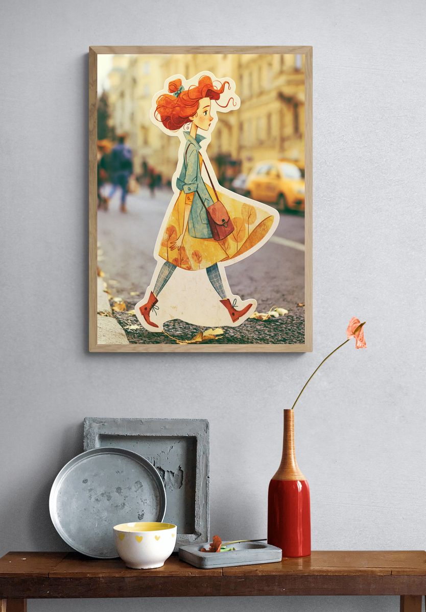 Autumn Girl Walk Illustration Poster. — room view 3