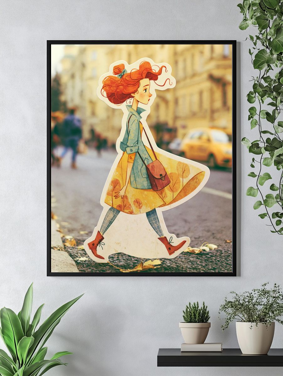 Autumn Girl Walk Illustration Poster. — room view 4