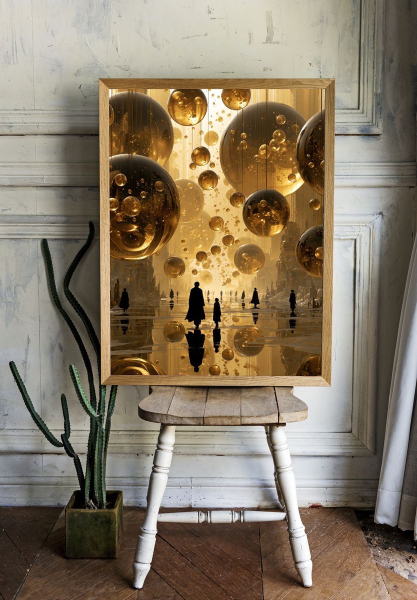 Golden Orb Cityscape Surrealism Print. — room view 1
