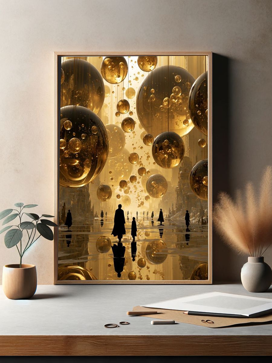 Golden Orb Cityscape Surrealism Print. — room view 2