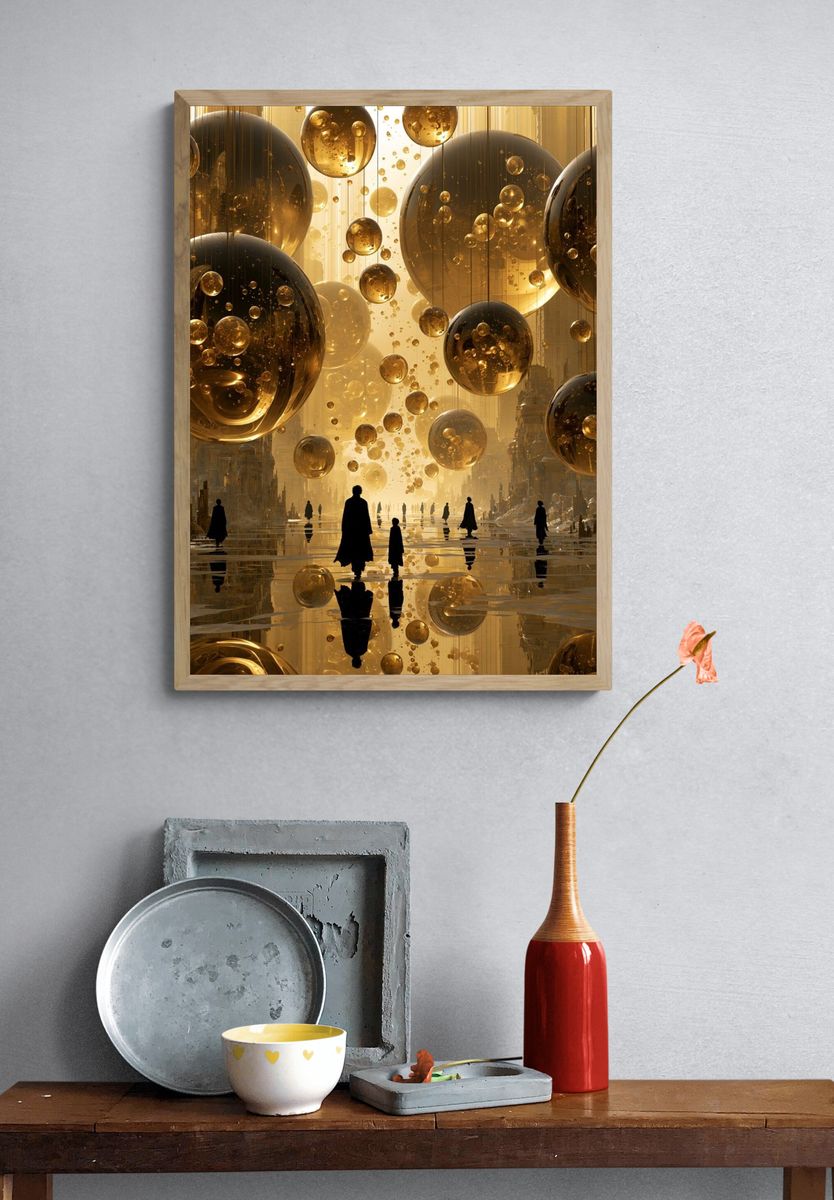 Golden Orb Cityscape Surrealism Print. — room view 3
