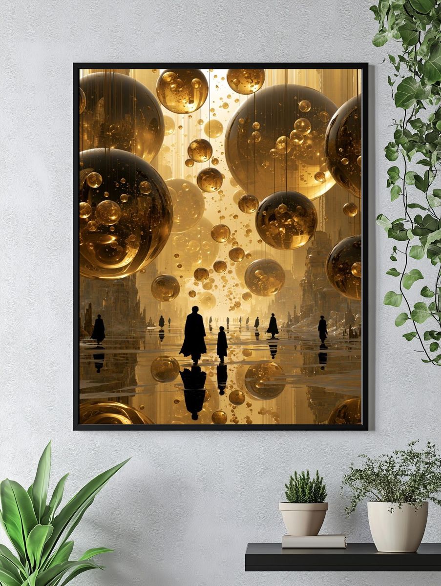 Golden Orb Cityscape Surrealism Print. — room view 4