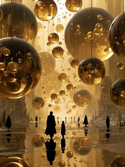 Golden Orb Cityscape Surrealism Print. poster