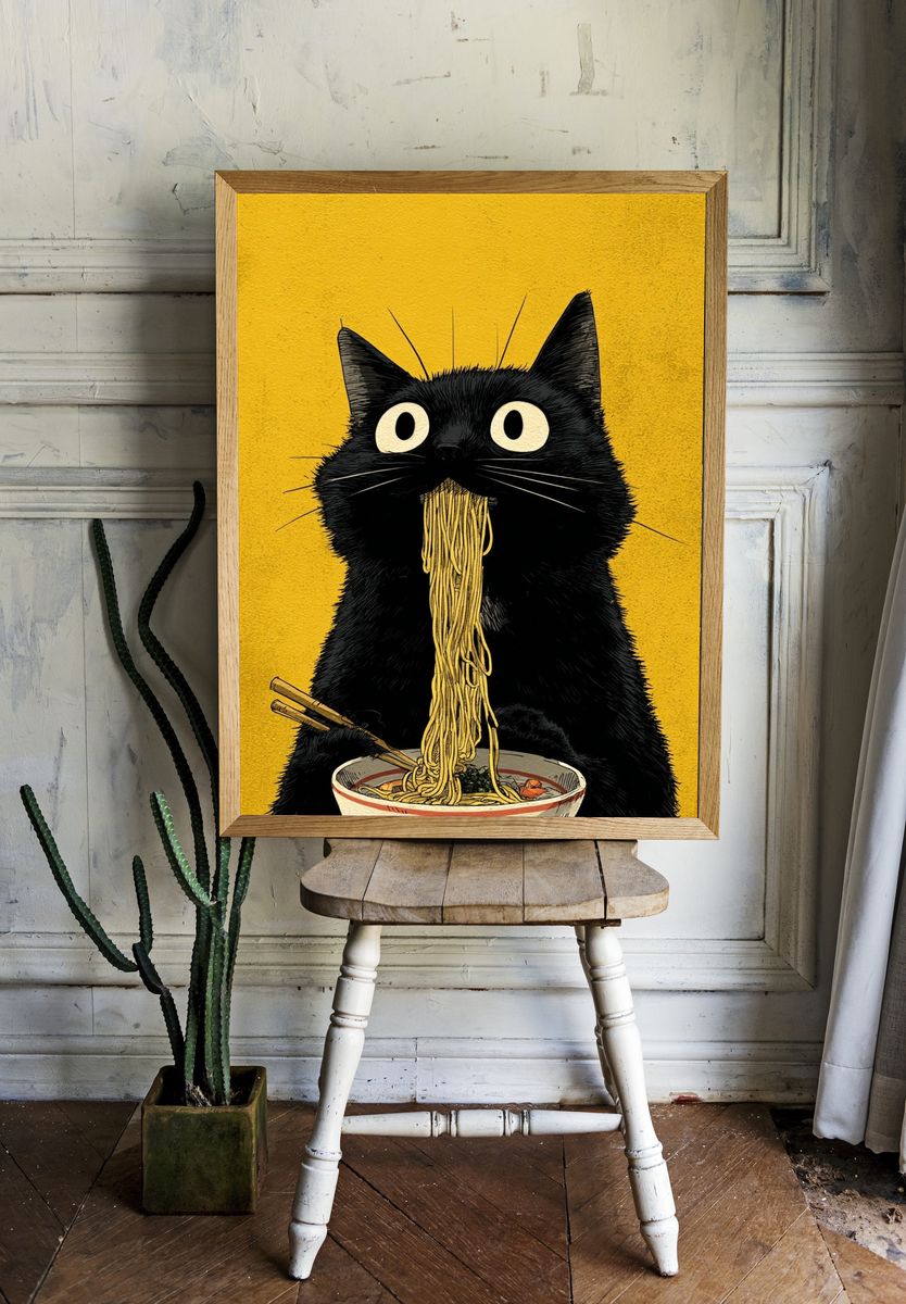Black Cat Noodle Feast Illustration Poster. room preview