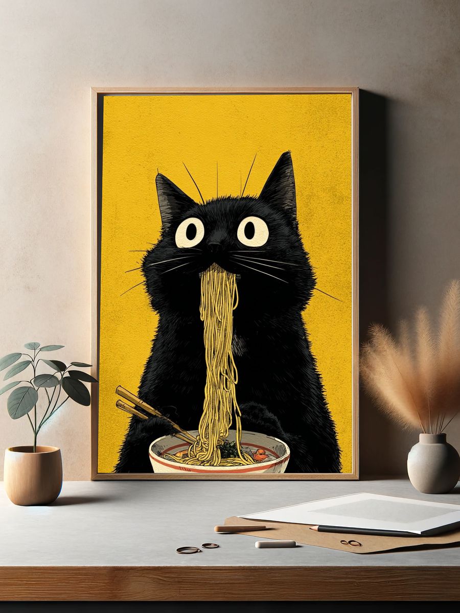 Black Cat Noodle Feast Illustration Poster. — room view 2