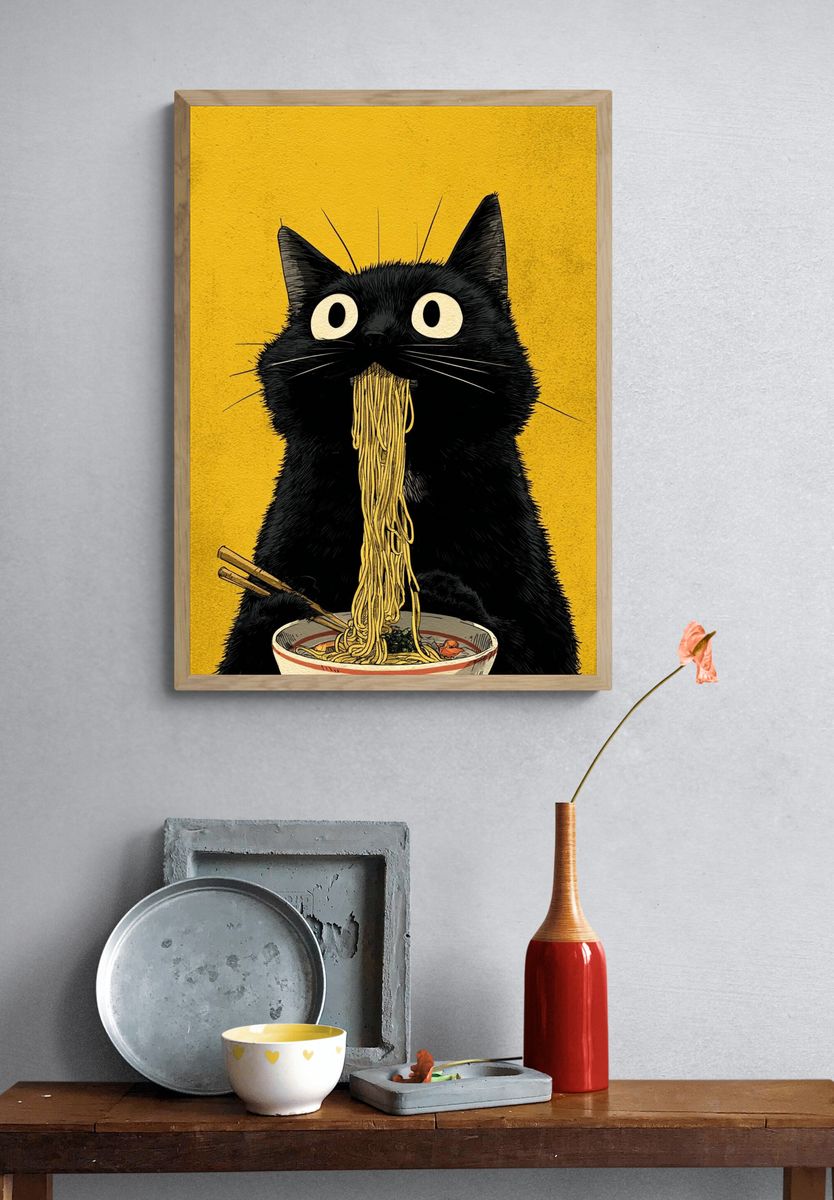 Black Cat Noodle Feast Illustration Poster. — room view 3