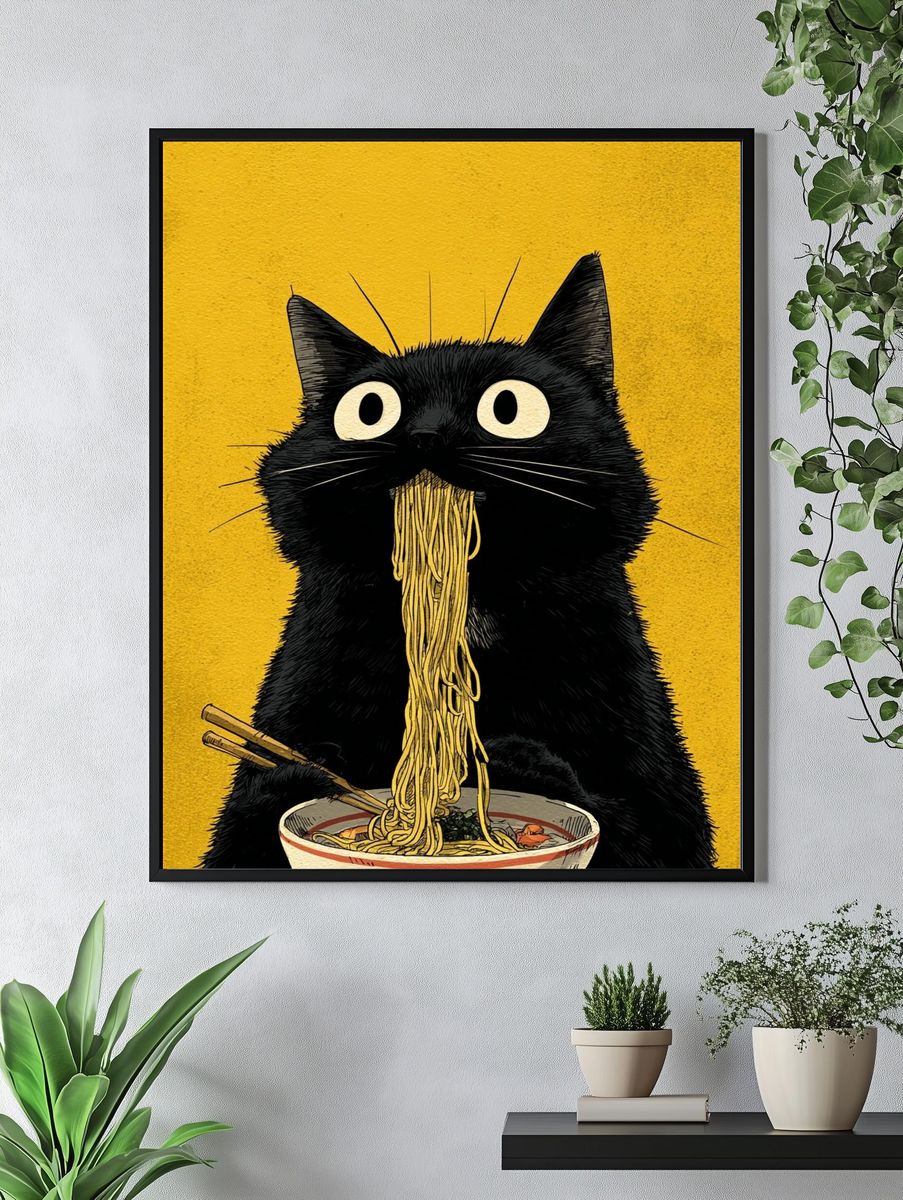 Black Cat Noodle Feast Illustration Poster. — room view 4