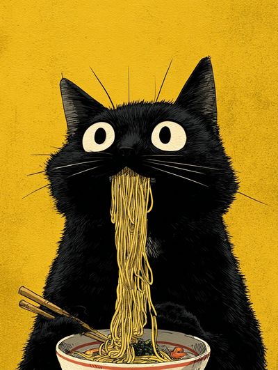 Black Cat Noodle Feast Illustration Poster.