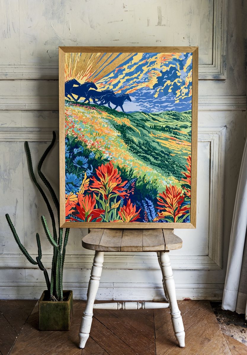 Wild Horses Meadow Illustration Poster. room preview