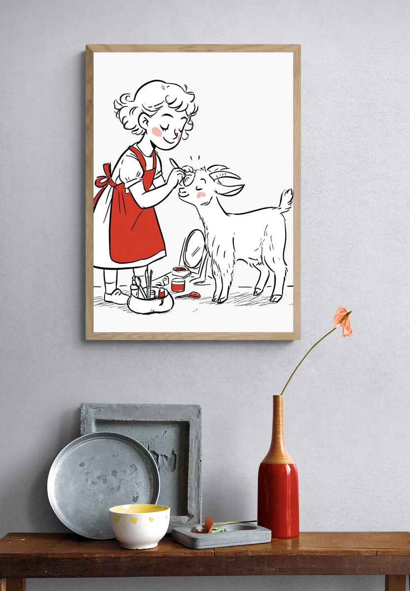Girl Painting Goat Illustration Poster. — room view 3