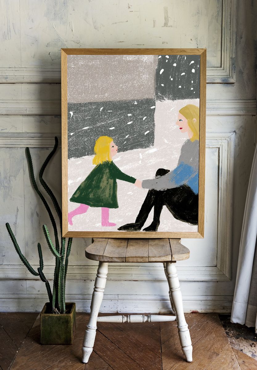 Mother and Child Winter Scene Print. room preview