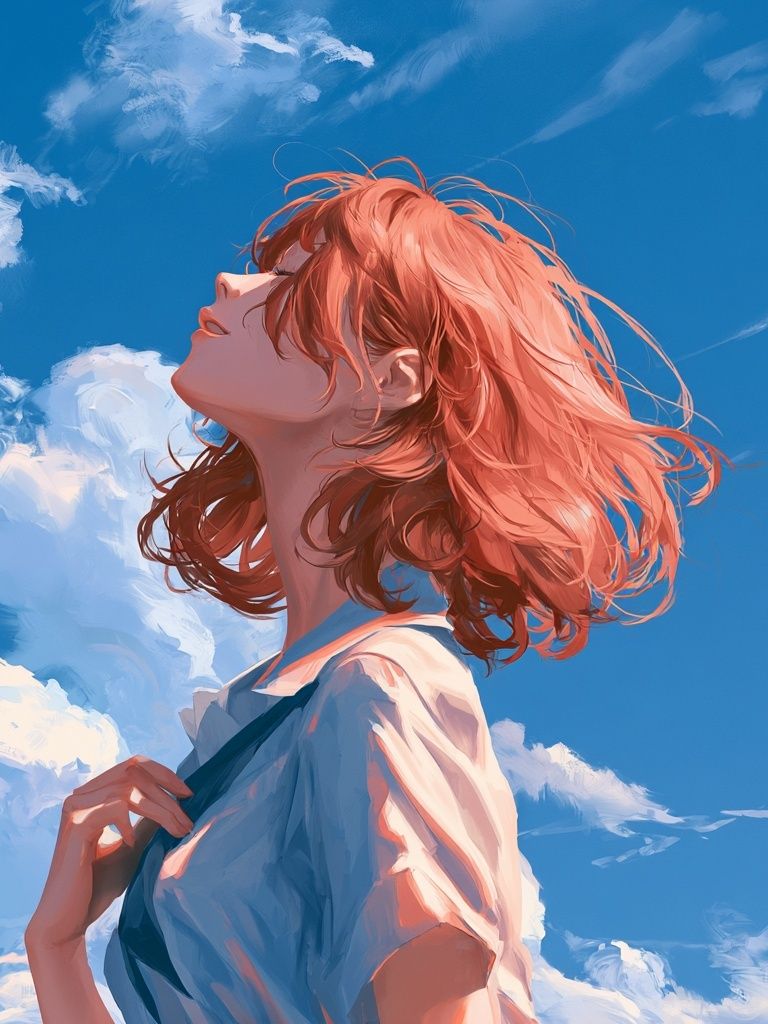 Red-Haired Girl in Blue Sky Illustration Poster. poster — illustration art