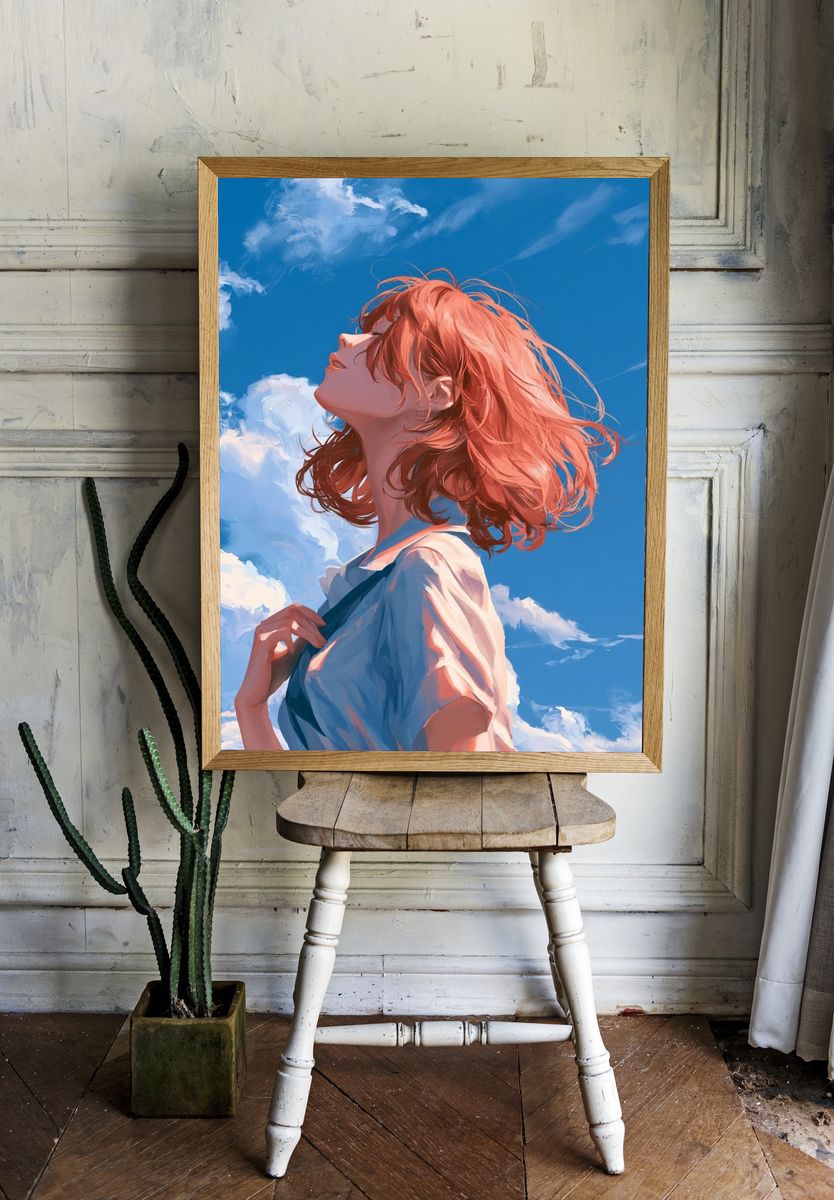 Red-Haired Girl in Blue Sky Illustration Poster. room preview