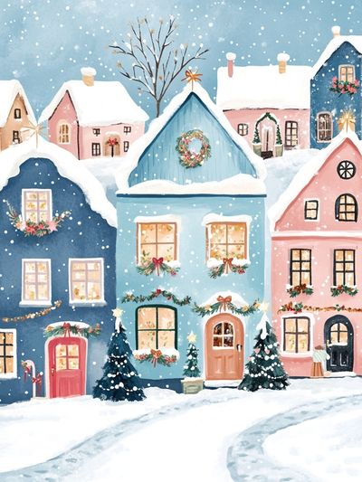 Snowy Christmas Village Illustration Poster. poster
