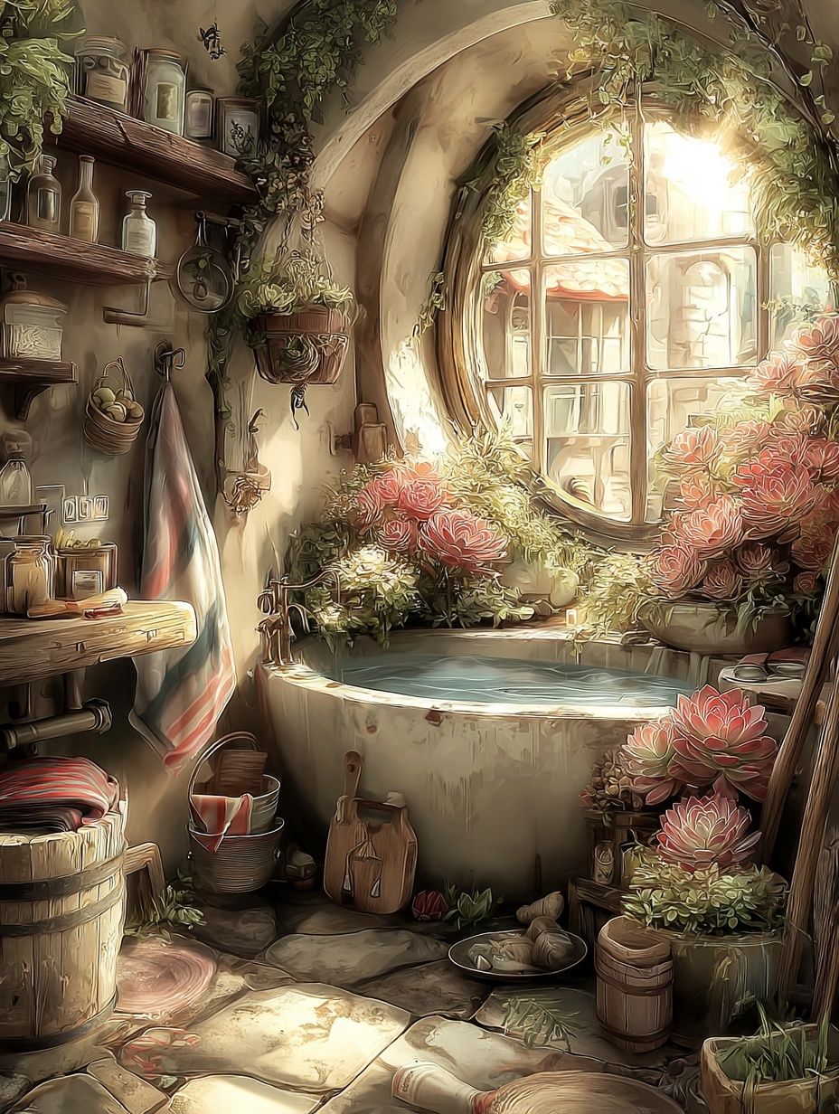 Sunlit Cottage Bath Illustration Poster. poster — illustration art