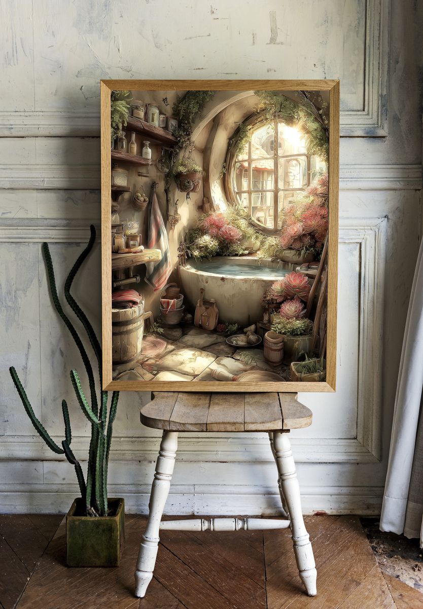 Sunlit Cottage Bath Illustration Poster. — room view 1
