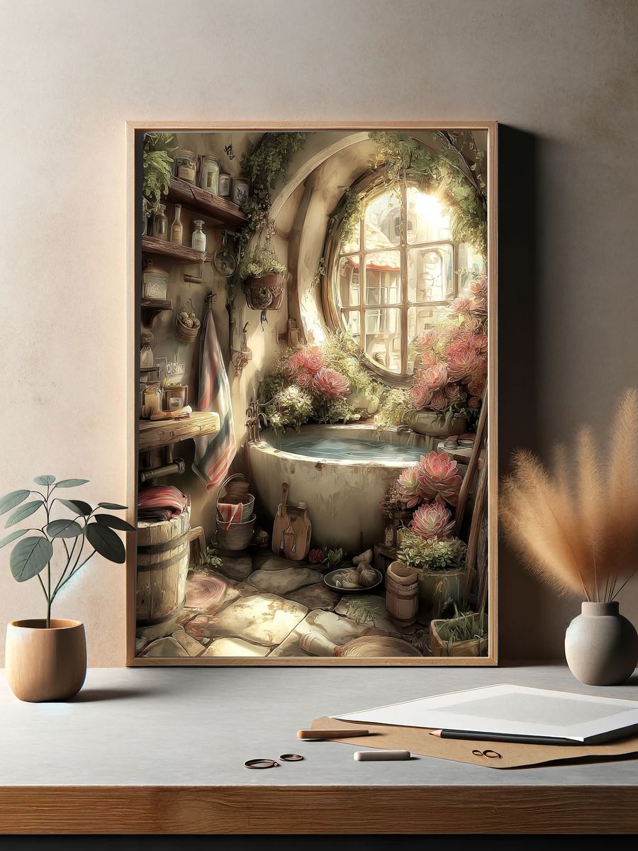 Sunlit Cottage Bath Illustration Poster. — room view 2