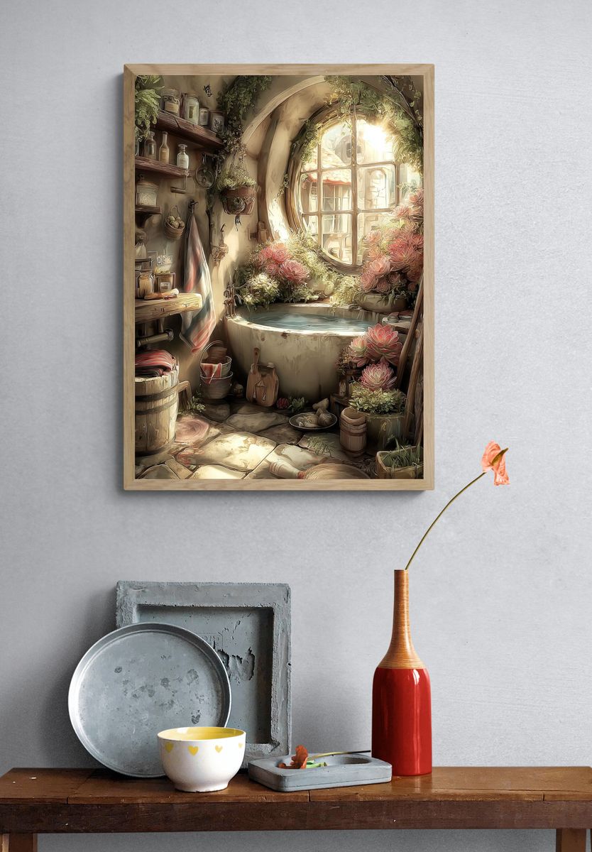 Sunlit Cottage Bath Illustration Poster. — room view 3