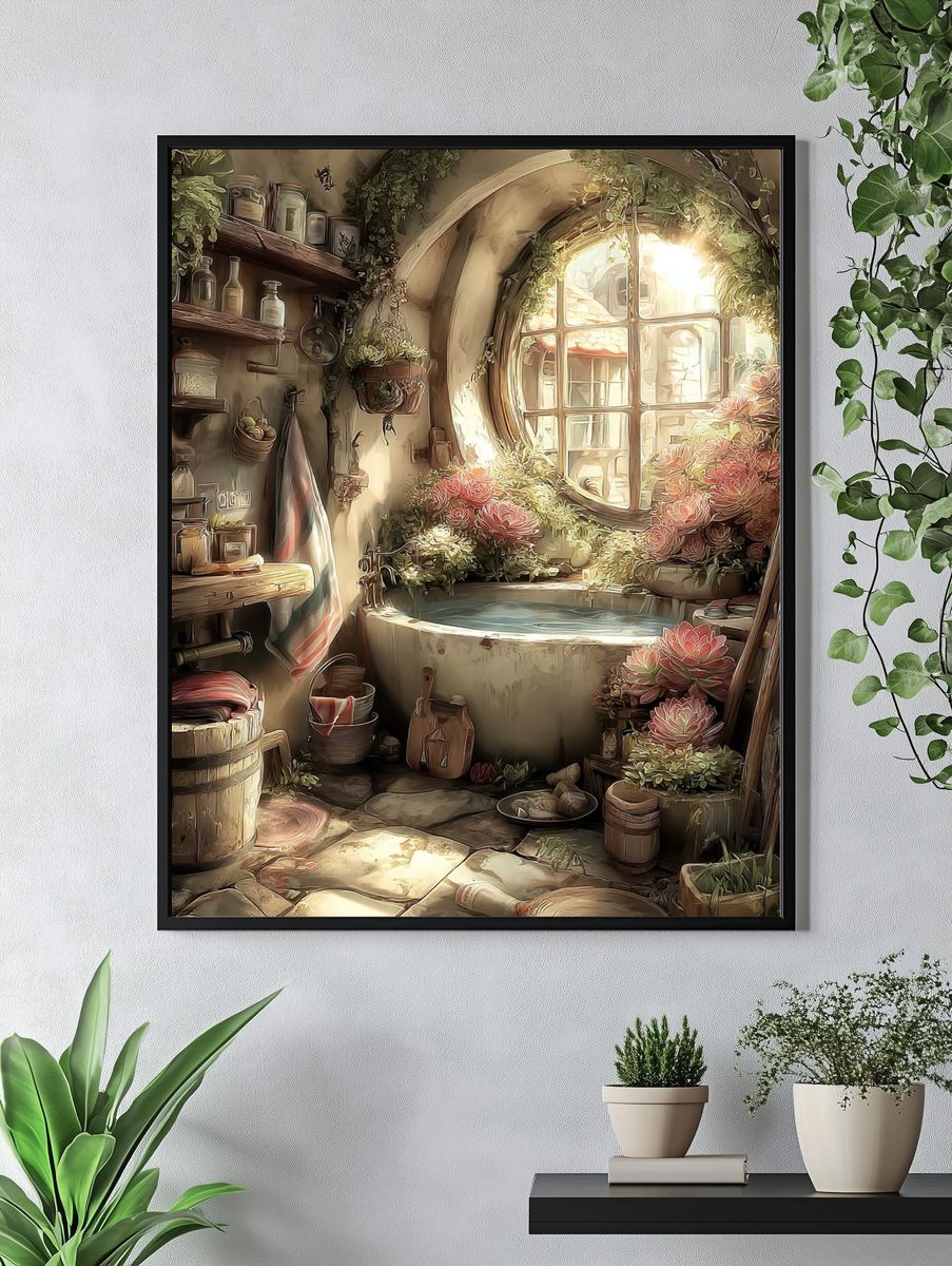 Sunlit Cottage Bath Illustration Poster. — room view 4