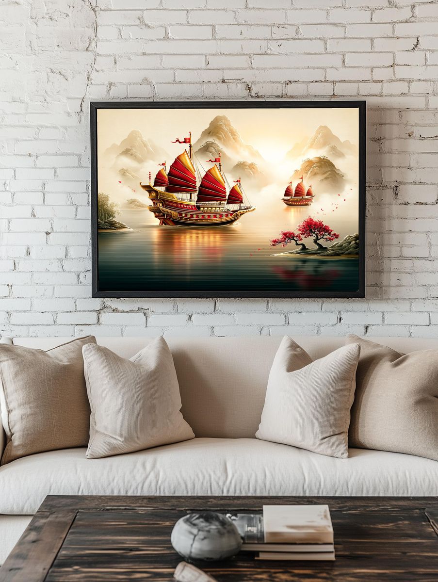 Red Sailboats on Misty River Print. — room view 1