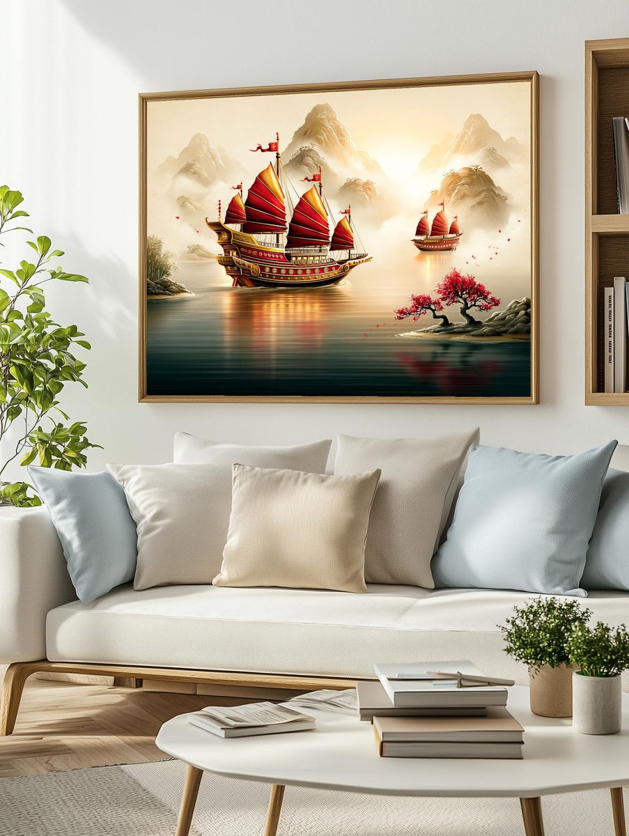 Red Sailboats on Misty River Print. — room view 2