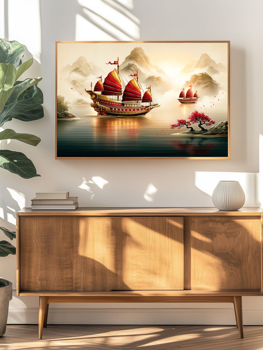 Red Sailboats on Misty River Print. — room view 3