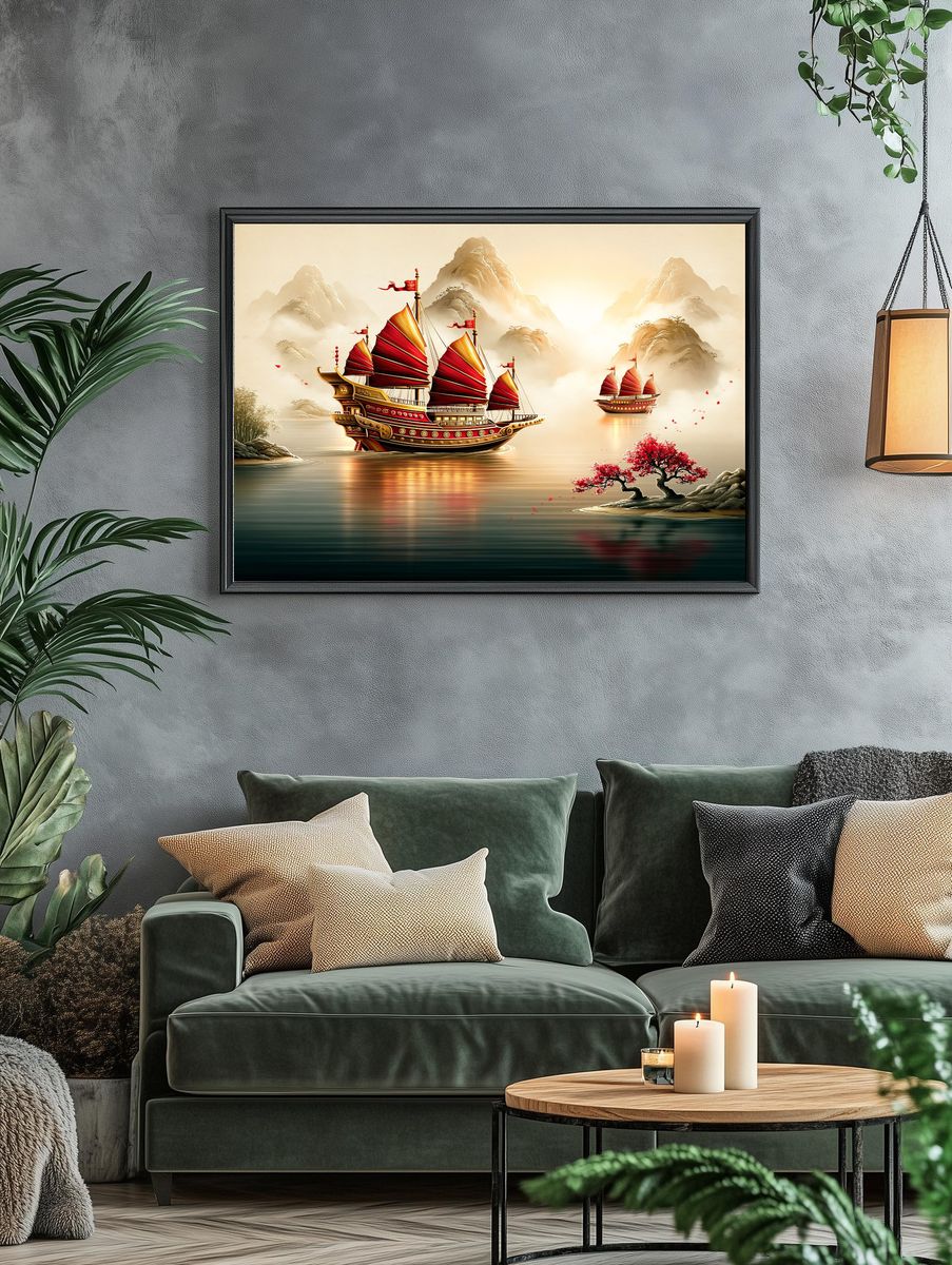 Red Sailboats on Misty River Print. — room view 4